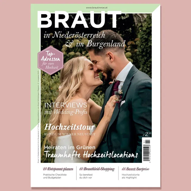 Das cover der Braut in Niederösterreich. Zu sehen ist ein Hochzeitspaar in einem Garten