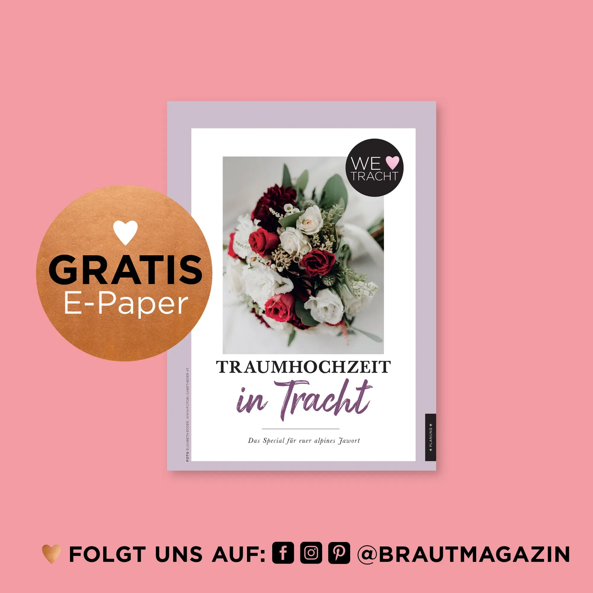 Cover des Specials Traumhochzeit in Tracht mit einem Blumenstrauß in Rot-Weiß – Inspirationen für alpine Hochzeiten im Trachtenstil.