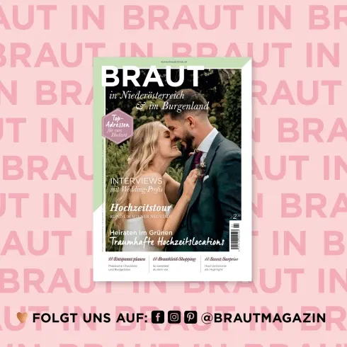 Cover des Magazins BRAUT in Niederösterreich & Burgenland mit einem lachenden Brautpaar im Grünen – Inspirationen zu Hochzeitslocations und Wedding-Profis der Region.