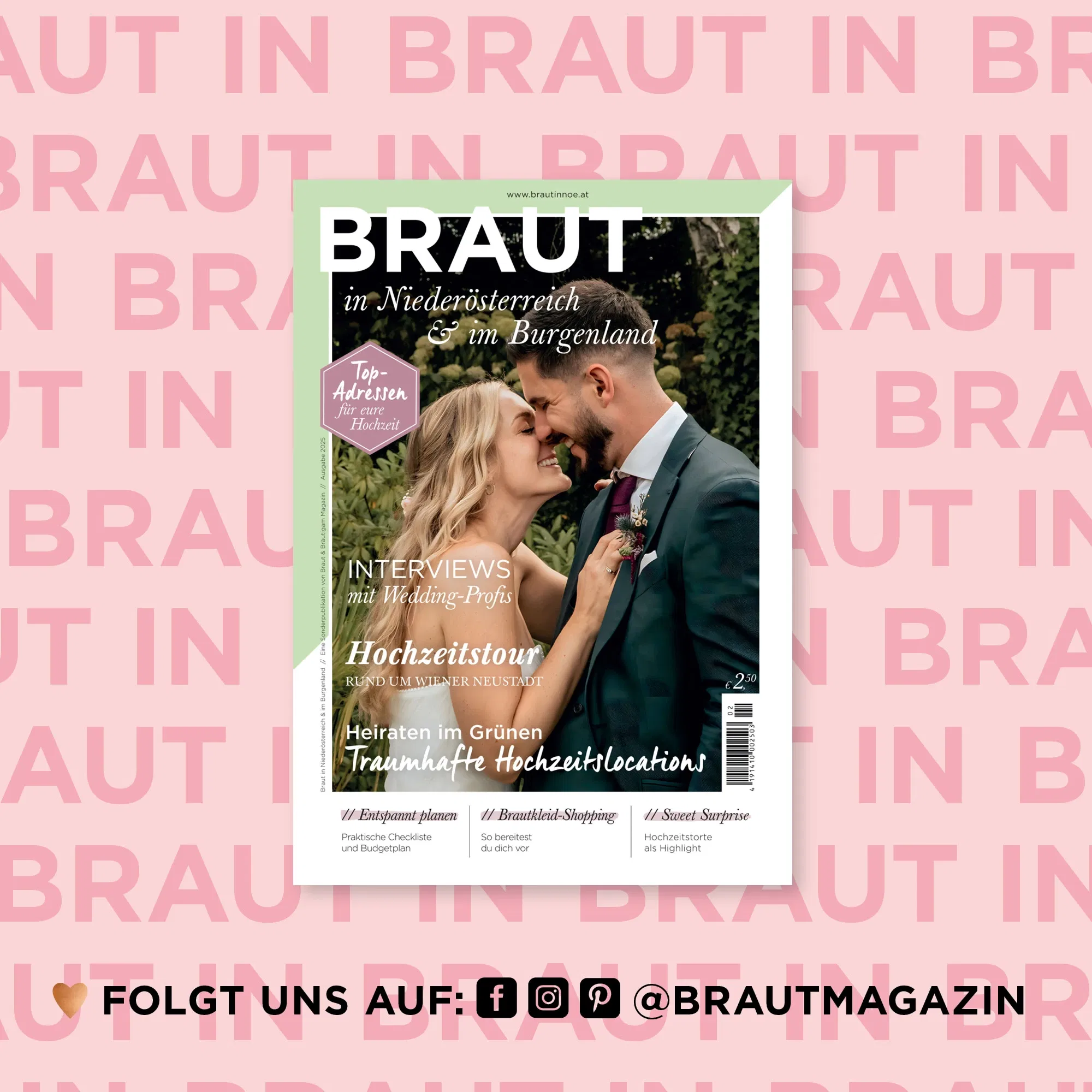 Cover des Magazins BRAUT in Niederösterreich & Burgenland mit einem lachenden Brautpaar im Grünen – Inspirationen zu Hochzeitslocations und Wedding-Profis der Region.
