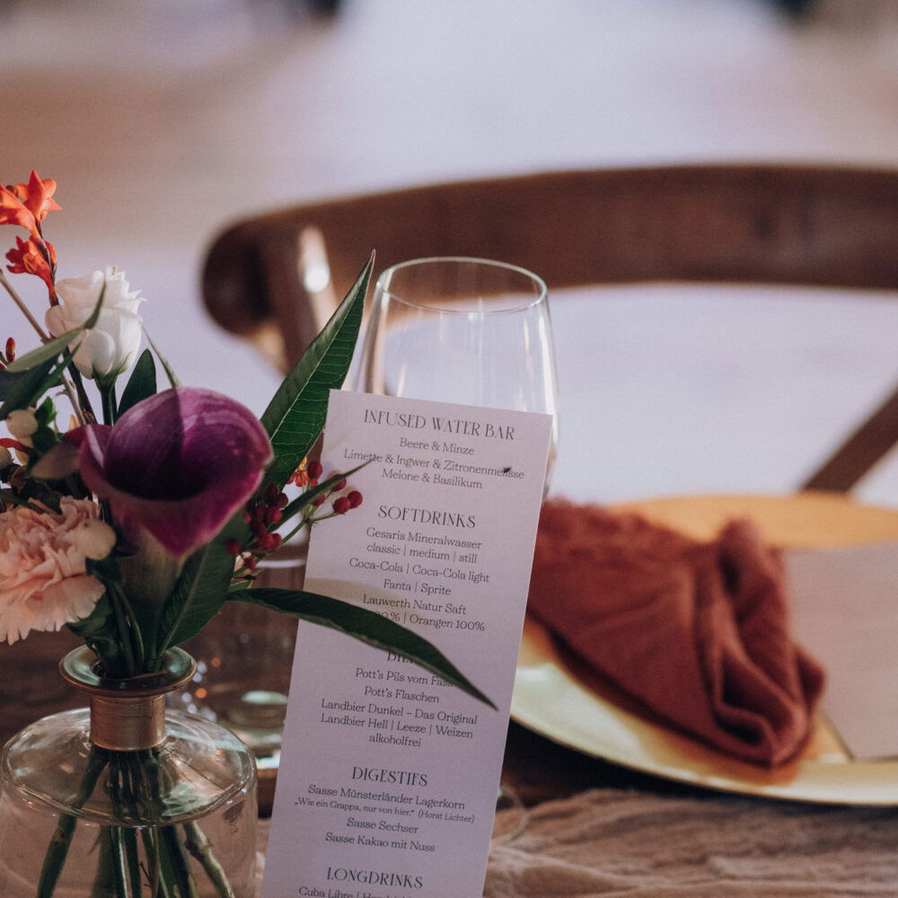 Auf einem liebevoll gedeckten Hochzeitstisch steht eine Menükarte neben einem Weinglas und einem floralen Arrangement, eingerahmt von dezenten Tischdekorationen.