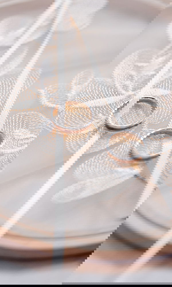 Minimalistische Hochzeitsringe, die auf einem transparenten Stickrahmen mit feinen Blumenstickereien liegen. Die cremefarbenen Bänder halten die Ringe sicher an ihrem Platz.