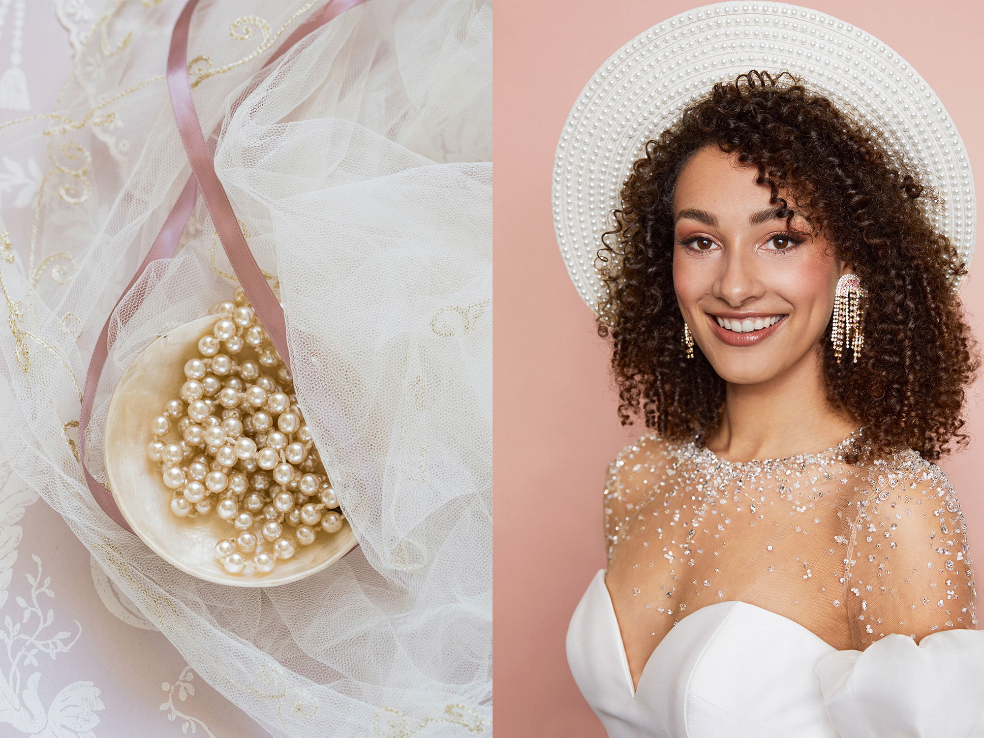 Das Bild zeigt eine Nahaufnahme von Perlen in einer Schale, die von Tüll umhüllt sind. Daneben ist eine Braut abgebildet, die einen eleganten weißen Hut mit Perlen trägt und mit glamourösen Ohrringen lächelt.