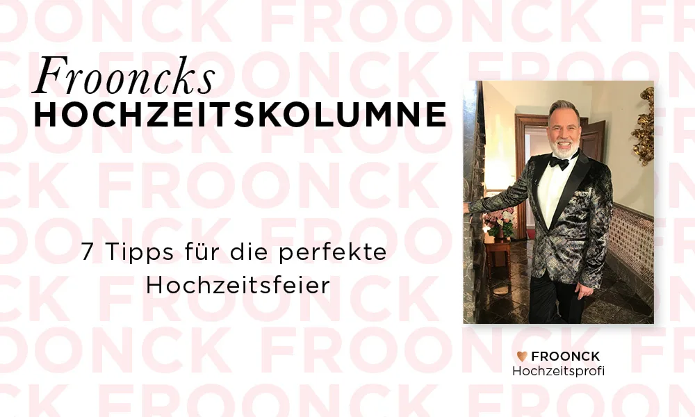 Ein Titelbild für Frooncks Kolumne über Hochzeiten, in dem er Ratschläge für die perfekte Feier gibt. Froonck steht in einem edlen Jackett und vermittelt mit seinem Auftreten Vertrauen und Stil.