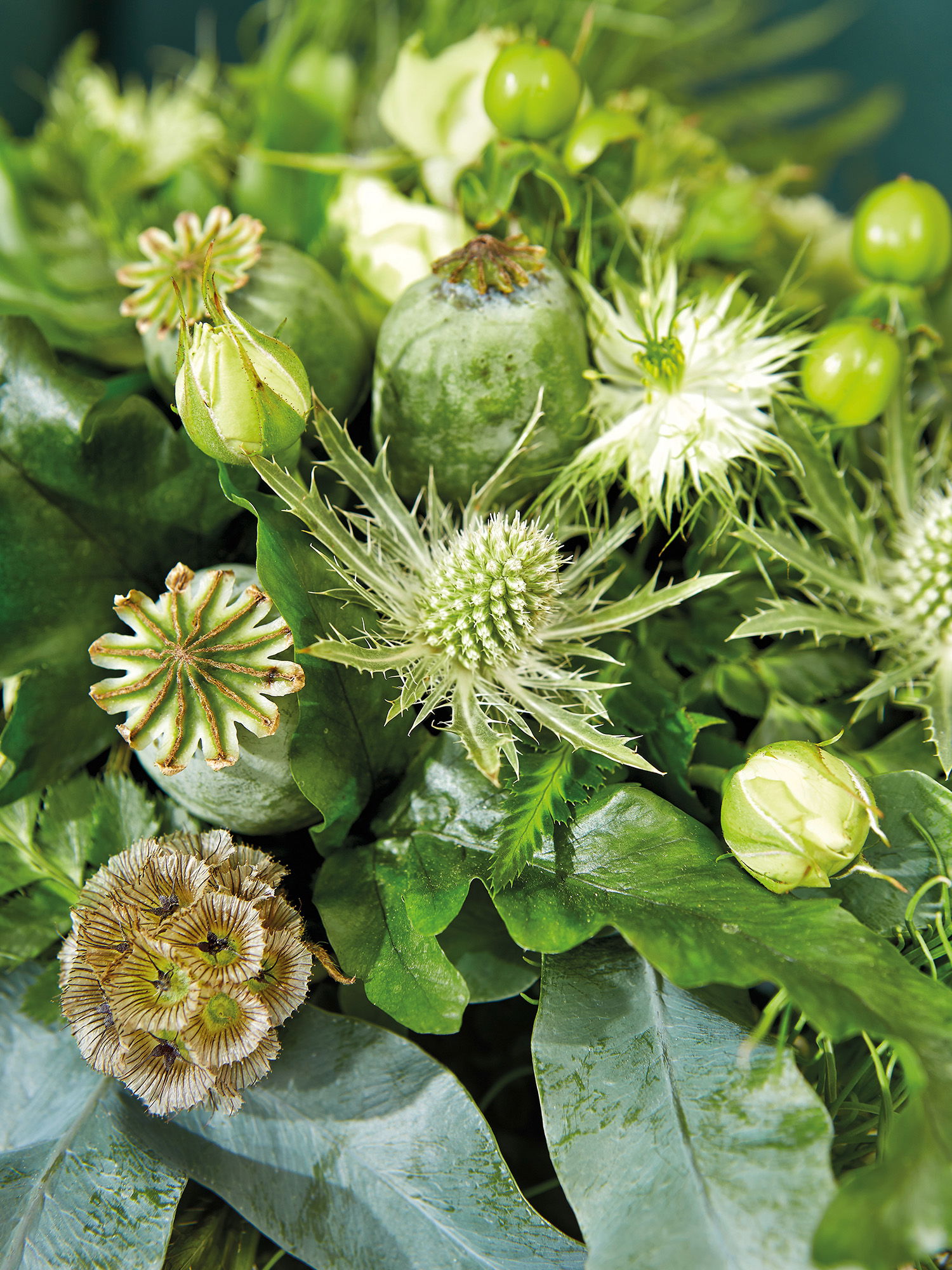 Detailansicht eines grünen Blumenstraußes, bestehend aus Disteln, Knospen und Farnblättern, der eine rustikale und natürliche Eleganz ausstrahlt.