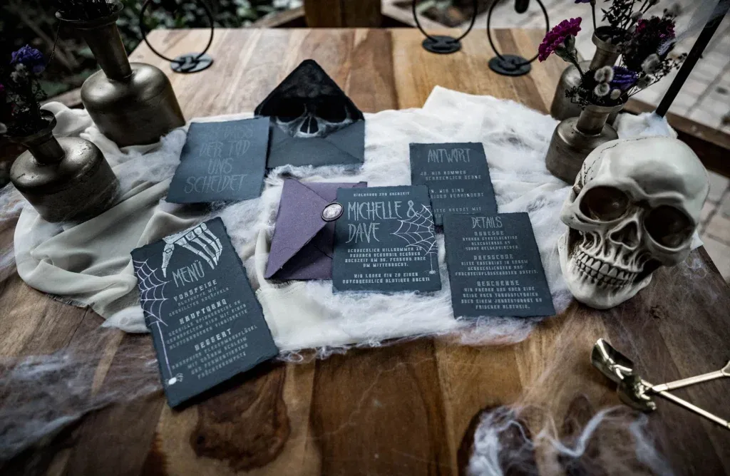Hochzeitseinladungen in einem düsteren, Gothic-inspirierten Stil, zusammen mit einem Totenkopf und goldenen Vasen, stilvoll auf einem Tisch arrangiert.