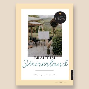 Das Cover der braut im Steierland 2024, Zu sehen ist eine Hochzeitslocation mit Boho Deko.