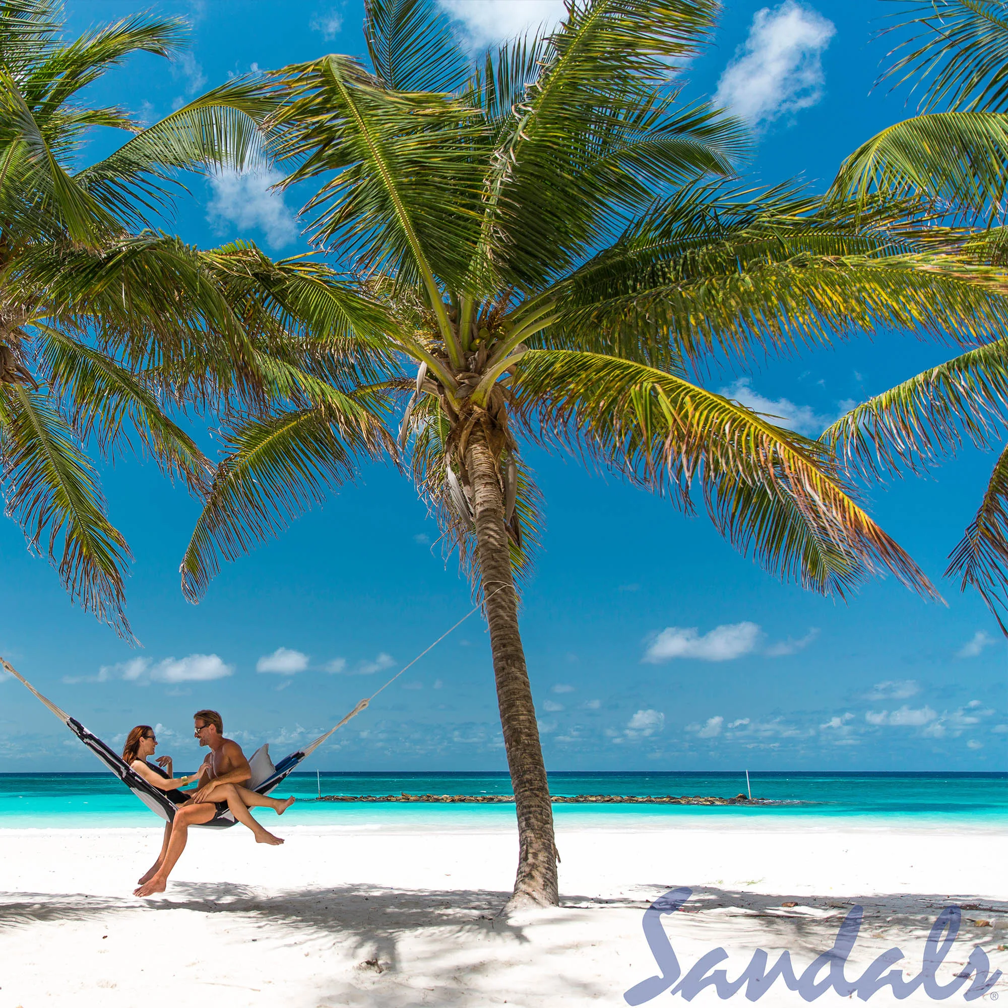 Ein romantischer Moment auf Barbados, wo ein Paar in einer Hängematte zwischen zwei Palmen liegt. Der weiße Sand und das ruhige, türkisfarbene Meer unterstreichen die paradiesische Atmosphäre.