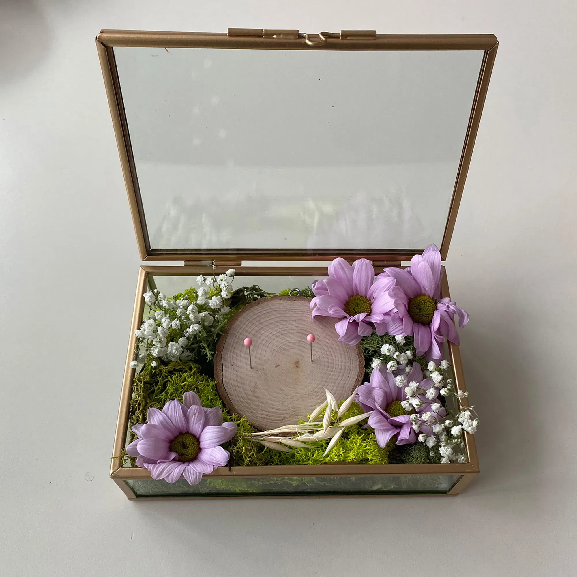 Glaskiste mit Moos, Schleierkraut, Blumen