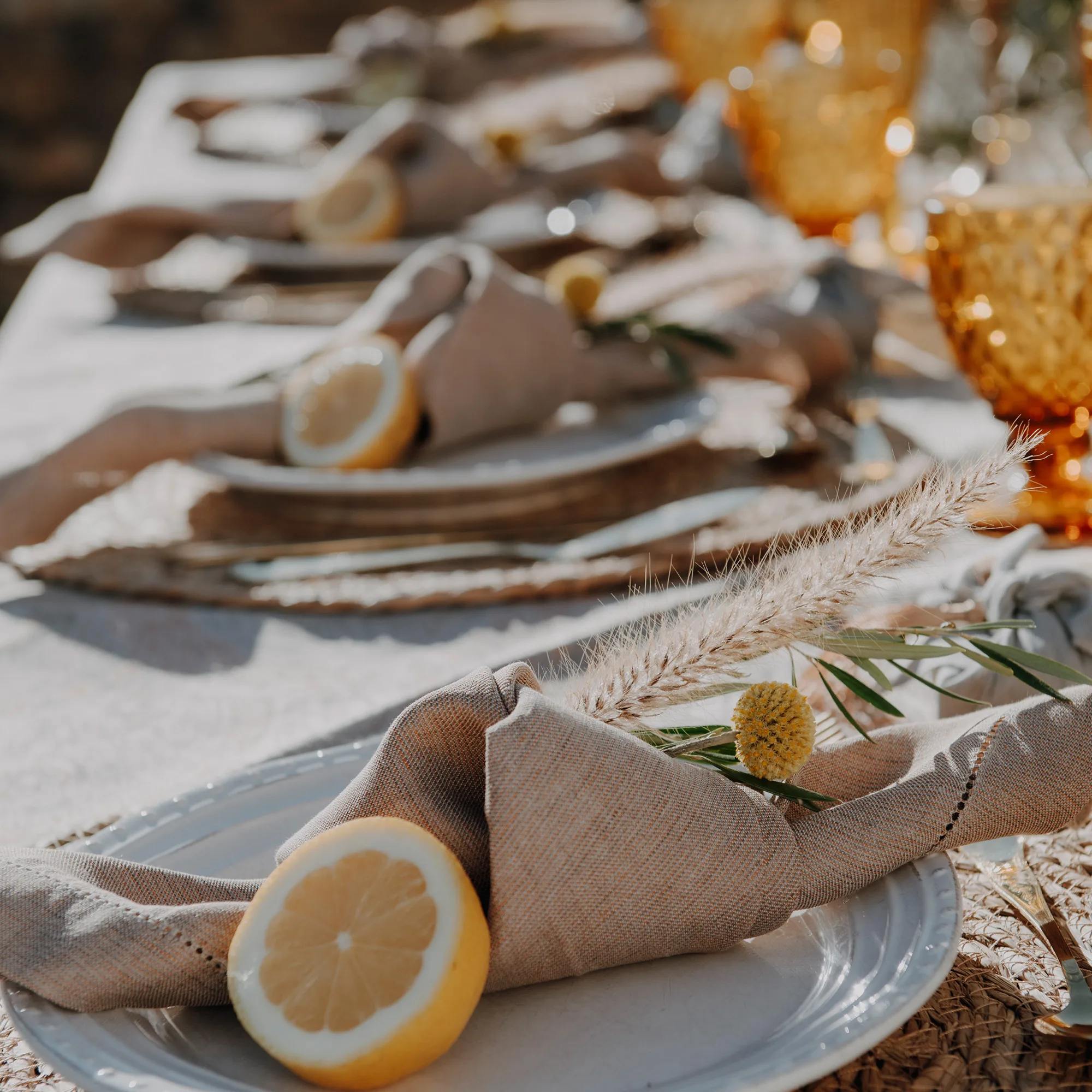 Eine festlich gedeckte Hochzeitstafel mit Zitronen, beigefarbenen Servietten und getrockneten Blumen, perfekt für eine Outdoor-Hochzeit.
