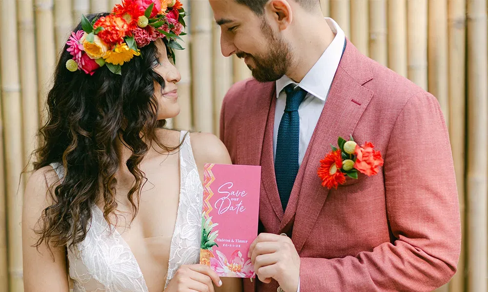 Ein lächelndes Paar mit einer fröhlichen "Save the Date" Einladung in der Hand. Die Braut trägt einen bunten Blumenkranz und der Bräutigam ist in einen schicken rosa Anzug gekleidet.