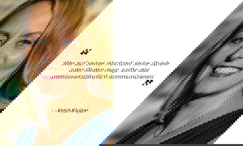 Porträt von Antje Krüger mit goldenem Licht auf dem Gesicht, aufgenommen im Freien. In ihrem Zitat spricht sie sich dafür aus, klare Worte zu finden, wenn man keine Reden oder Spiele wünscht.