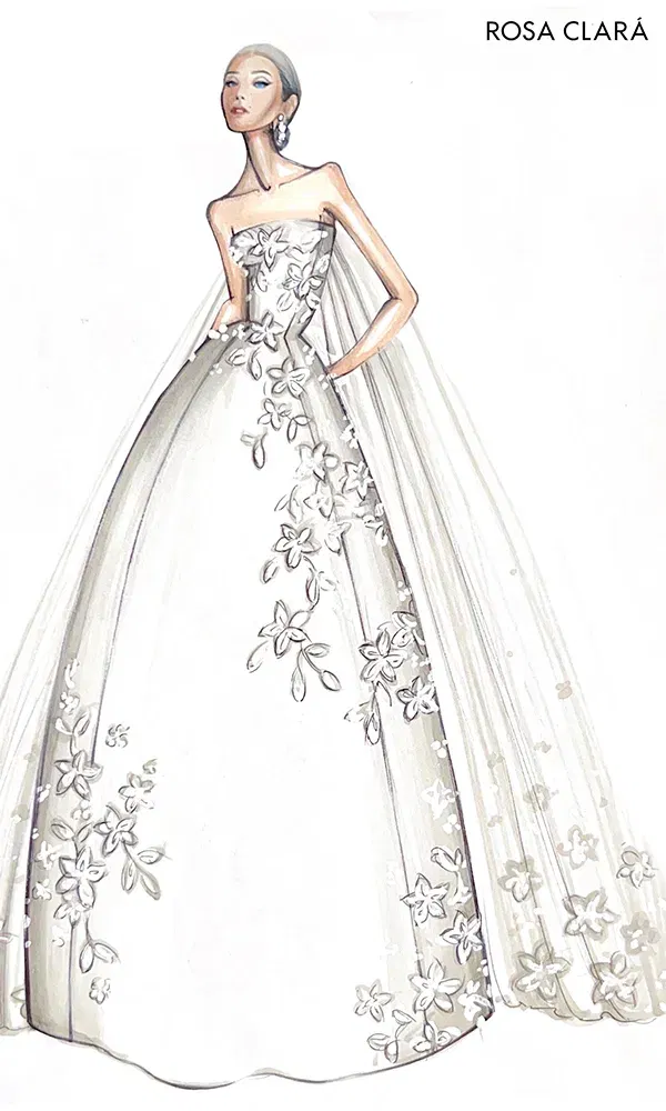 Modische Skizze eines Brautkleids von Rosa Clará. Das Kleid hat ein florales Design mit schulterfreiem Schnitt und einem fließenden Schleier. Die Skizze zeigt das Kleid in einem klassischen, eleganten Stil.