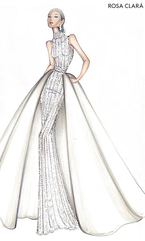 Modeillustration eines Brautkleids mit hohem Kragen und aufwendigen Stickereien. Das Kleid von Rosa Clará wird durch einen transparenten Umhang ergänzt, der das Design noch dramatischer wirken lässt.