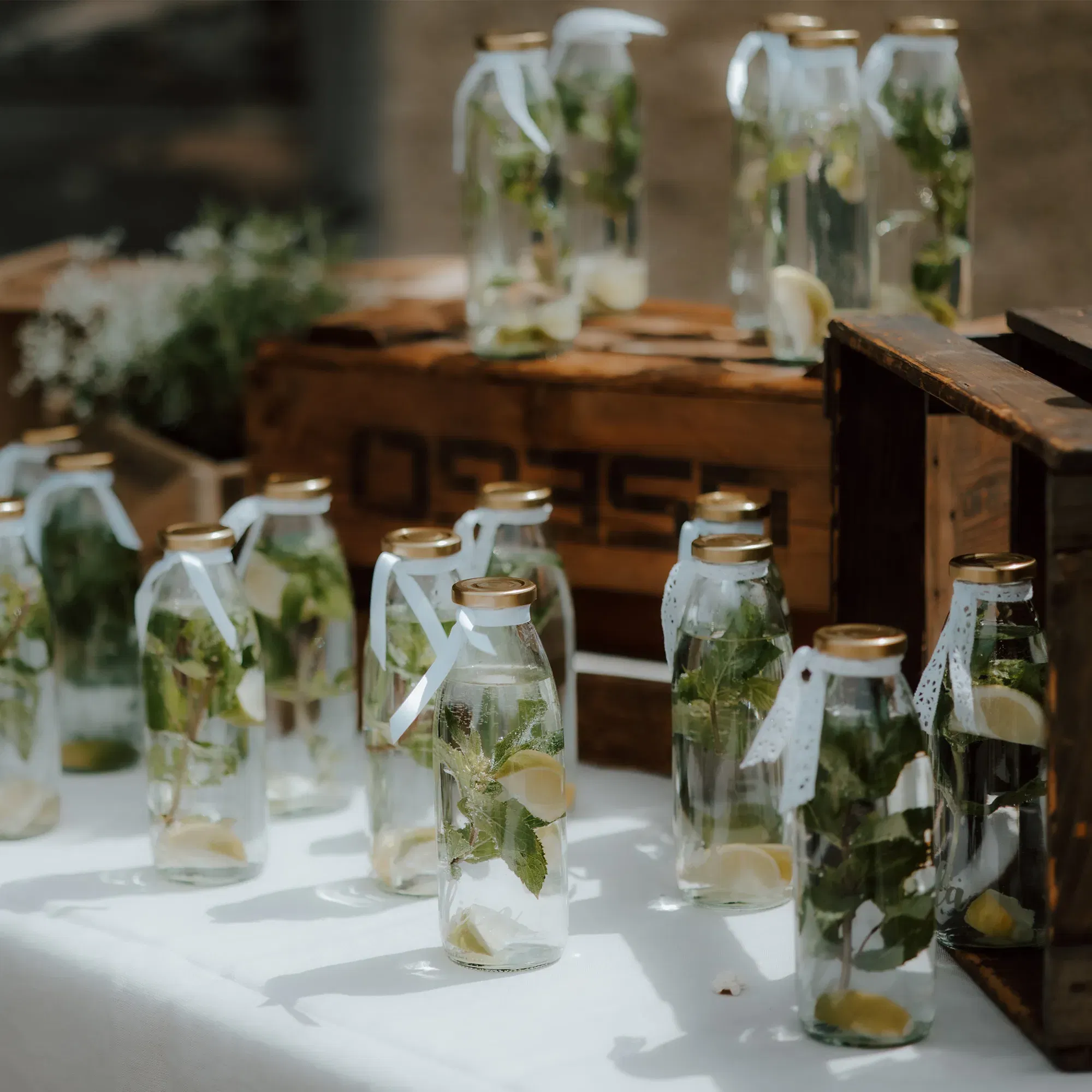 Auf einem Tisch stehen Glasflaschen mit Zitronenwasser und Minzblättern, dekoriert mit weißen Bändern, als erfrischende Hochzeitsgastgeschenke bereit.