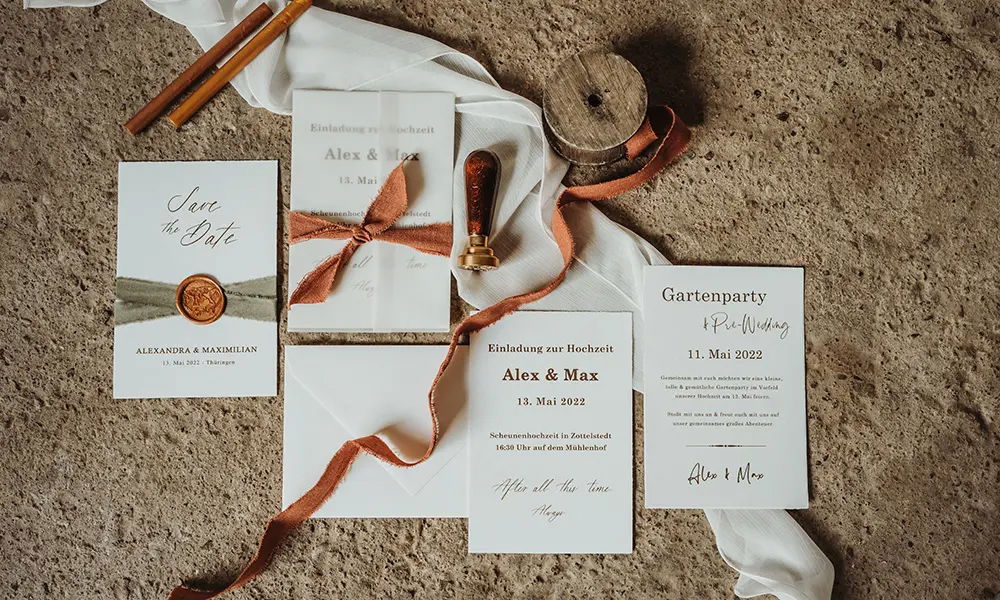 Rustikale Hochzeits-Papeterie auf einer Steinoberfläche: Save-the-Date-Karte, Hochzeitseinladung und Gartenparty-Einladung, verziert mit Wachssiegel, orangem Band und Holzrollen. Die edlen Karten haben ein minimalistisches Design in Weiß und sanften Grüntönen.