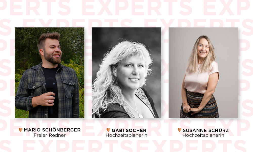 Porträt von drei Hochzeitsexpert:innen aus Oberösterreich. Links: Mario Schönberger, ein freier Redner, mit Mikrofon in der Hand und einem Lächeln im Grünen. In der Mitte: Gabi Socher, eine Hochzeitsplanerin, in einer stilvollen Schwarz-Weiß-Aufnahme mit lockigem Haar und freundlichem Blick. Rechts: Susanne Schürz, ebenfalls Hochzeitsplanerin, strahlend in einem eleganten Outfit vor hellem Hintergrund. Der Hintergrund des Bildes zeigt das Wort 'EXPERTS' mehrfach in einem sanften Rotton.
