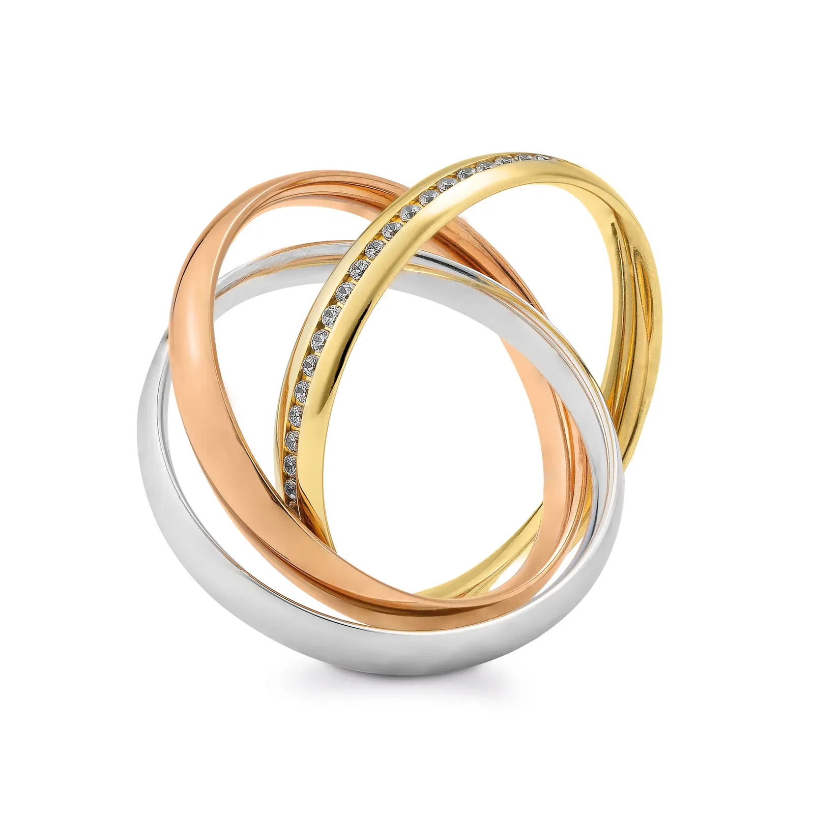 Drei Ringe in unterschiedlichen Goldfarben ineinander verwoben.