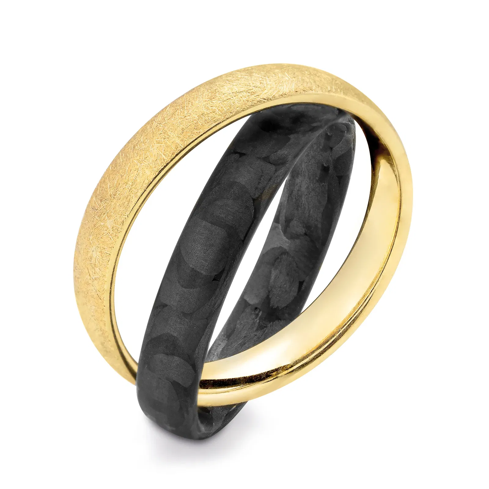 Ein gelbgoldener und ein schwarzer Carbon-Ring verwoben in einem Ring.