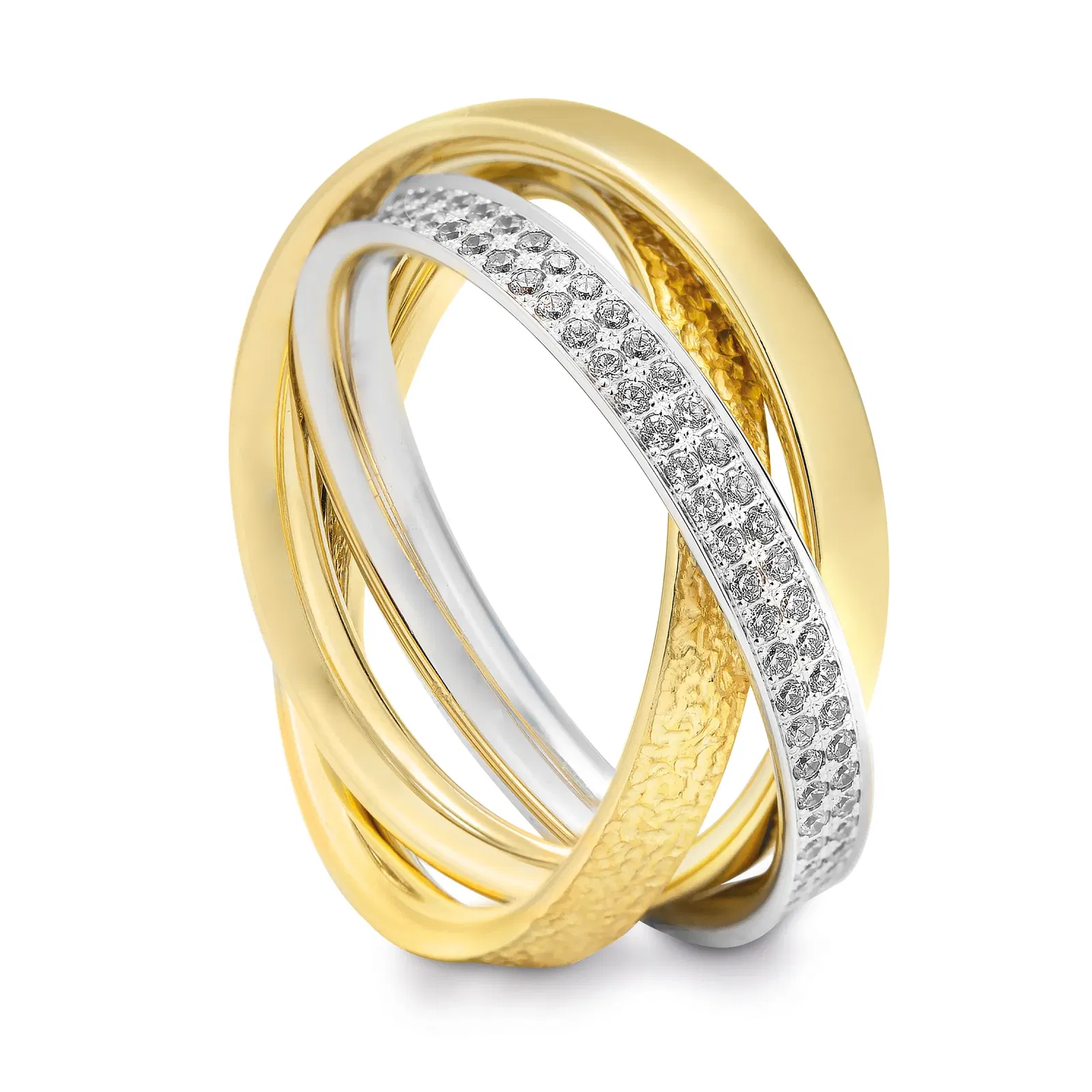 Drei Ringe ineinander verwoben aus Gelbgold, Weißgold und mit Diamanten besetzt.