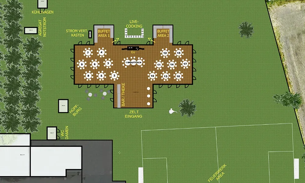 Grundriss der Hochzeitslocation im Freien mit Tischen, Buffetbereichen und Tanzfläche unter einem Zelt. Weitere Bereiche wie Live-Cooking, Hüpfburg und Feuerwerk-Spot sind ebenfalls dargestellt.