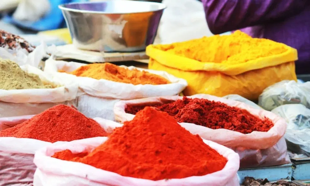 Nahaufnahme farbenfroher Gewürzhügel in Stoffbeuteln, darunter rotes Chili, gelbes Kurkuma und weitere gemahlene Zutaten.