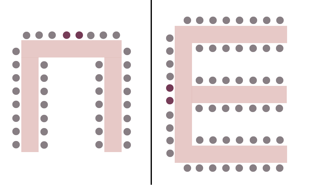 Flexible Tischanordnung in E-Form, ideal für größere Hochzeitsgesellschaften.