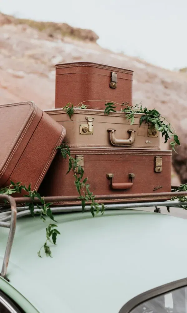 Stapel aus retro Koffern auf einem Autodach, geschmückt mit Efeu – Symbol für Aufbruch, Roadtrip oder Flitterwochen.