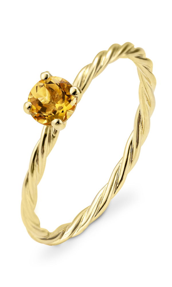 Eleganter Solitärring aus Gelbgold mit einem facettierten, runden Citrin in einer klassischen Krappenfassung. Das feine Kordelband verleiht dem Schmuckstück eine verspielte, aber edle Note.