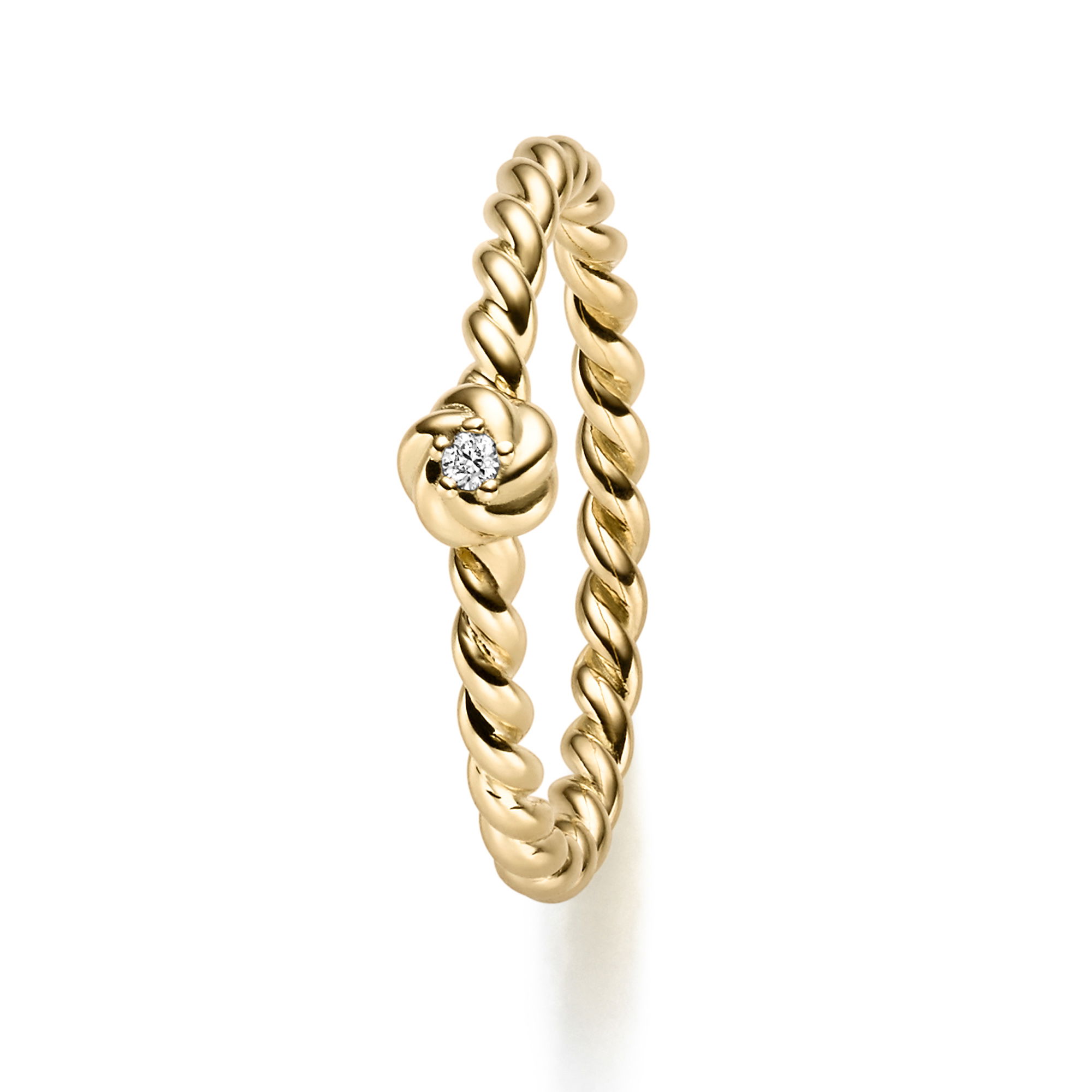 Feiner Gelbgold-Ring mit gedrehtem Kordeldesign und einem zarten Knotenelement, das einen Brillanten hält. Das detailreiche Design symbolisiert Verbundenheit und Eleganz zugleich.