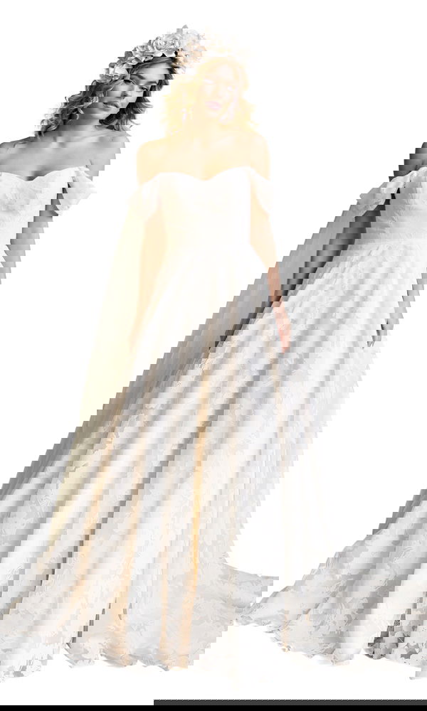 A-Linien-Brautkleid mit zarter Schulterpartie und Blumenschleier – ein märchenhafter Look für den Hochzeitstag.