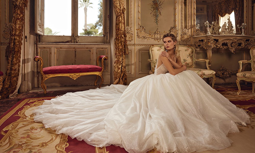 Romantisches Demetrios-Brautkleid mit glitzerndem Tüllrock und zartem Spitzenoberteil in opulentem Interieur.