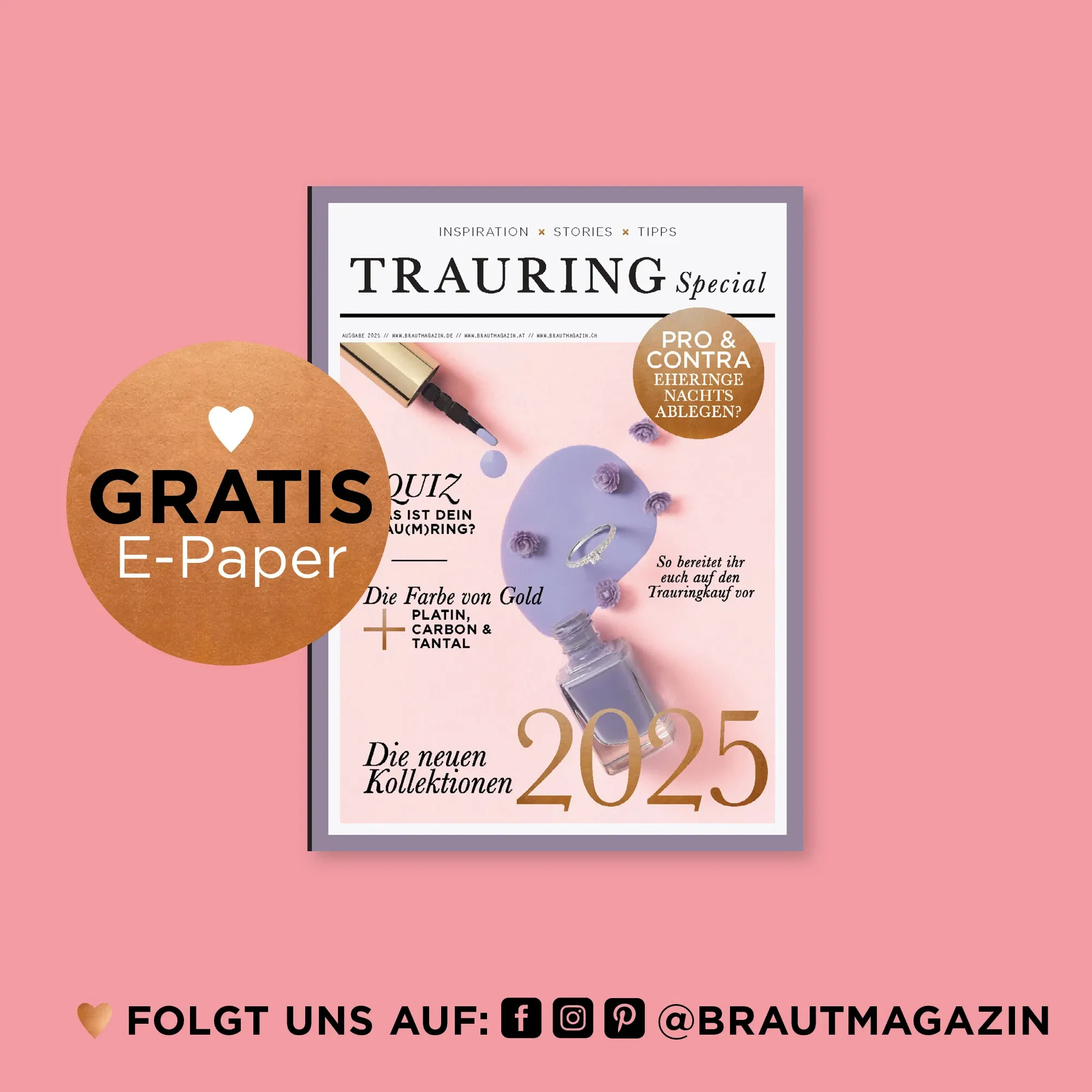 Cover des TRAURING Special mit goldenem Ring auf pastellfarbenem Hintergrund – Infos zu neuen Kollektionen, Materialien und Tipps rund um den Trauringkauf.