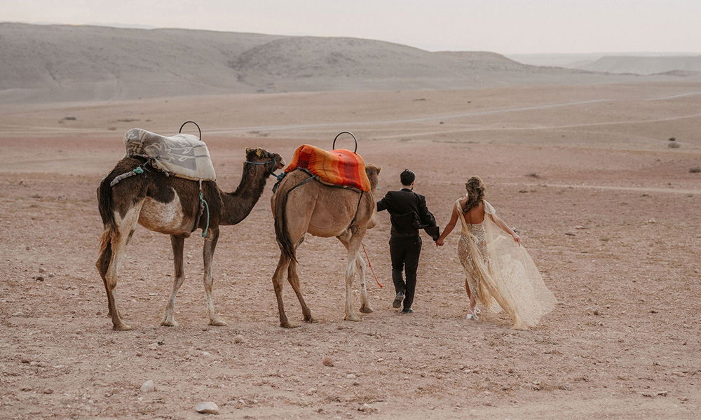 Romantisches After-Wedding-Shooting mit Kamelen in einer Wüstenlandschaft.