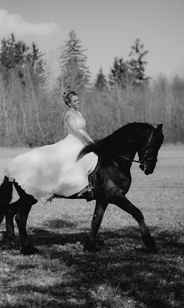 Schwarz-weiß Aufnahme einer Braut im Brautkleid auf einem Friesenpferd.
