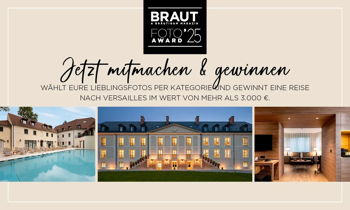 Werbebanner zum Start des Brautfoto Awards 2025 mit Aufruf zur Teilnahme und der Chance, eine Reise nach Versailles im Wert von über 3.000 € zu gewinnen.
