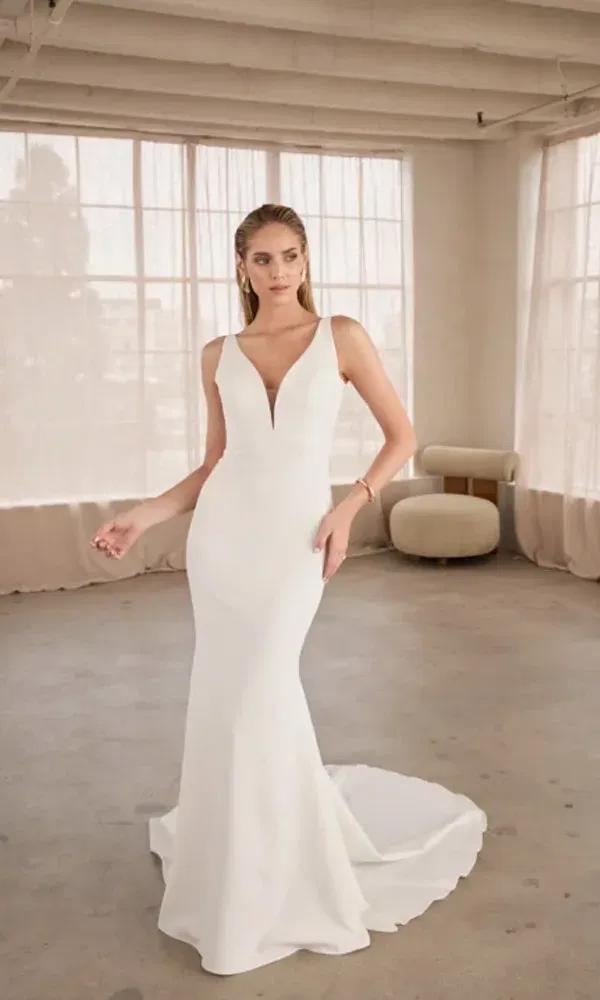 Elegantes Brautkleid mit moderner Silhouette und dezentem Schleier, präsentiert von einem Model mit zurückgekämmtem Haar.