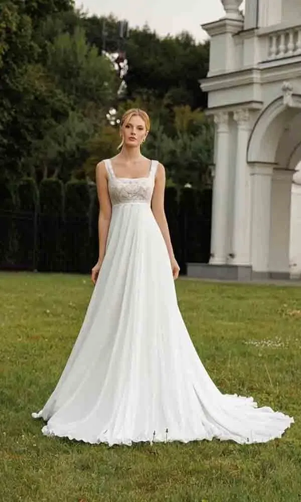 Weißes Kleid im Empire-Stil mit Spitzenoberteil und Trägern, getragen von einer Braut auf einer Wiese vor einem weißen Säulengebäude.