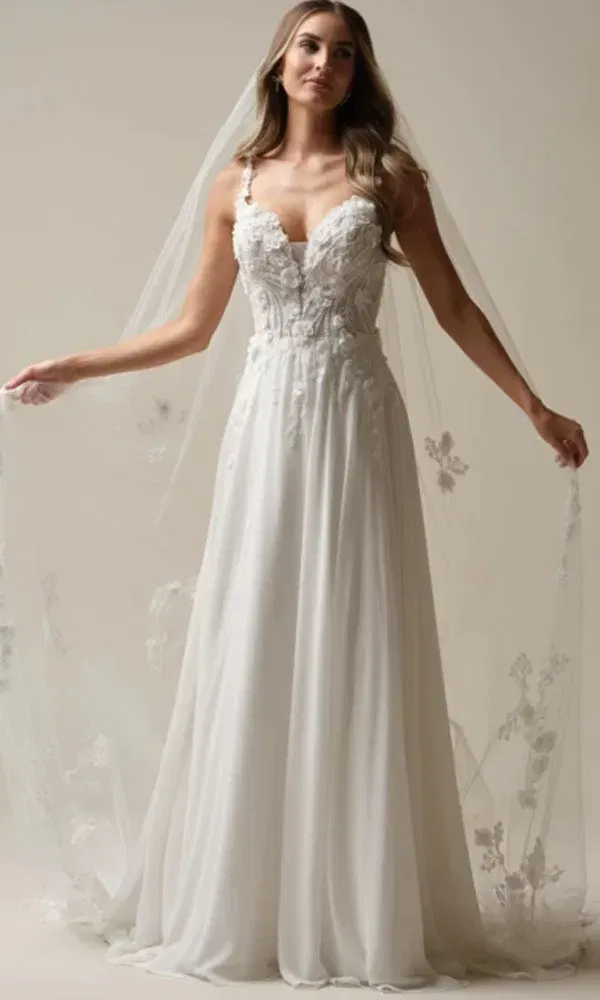 Modernes Brautkleid mit transparentem Spitzenmieder, tiefem Ausschnitt und Schleier mit Blumenmotiven – Braut steht mit offenen Armen.