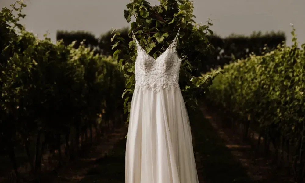 Hängendes Hochzeitskleid mit Tüllrock und Spitze inmitten eines sommerlichen Weinbergs.