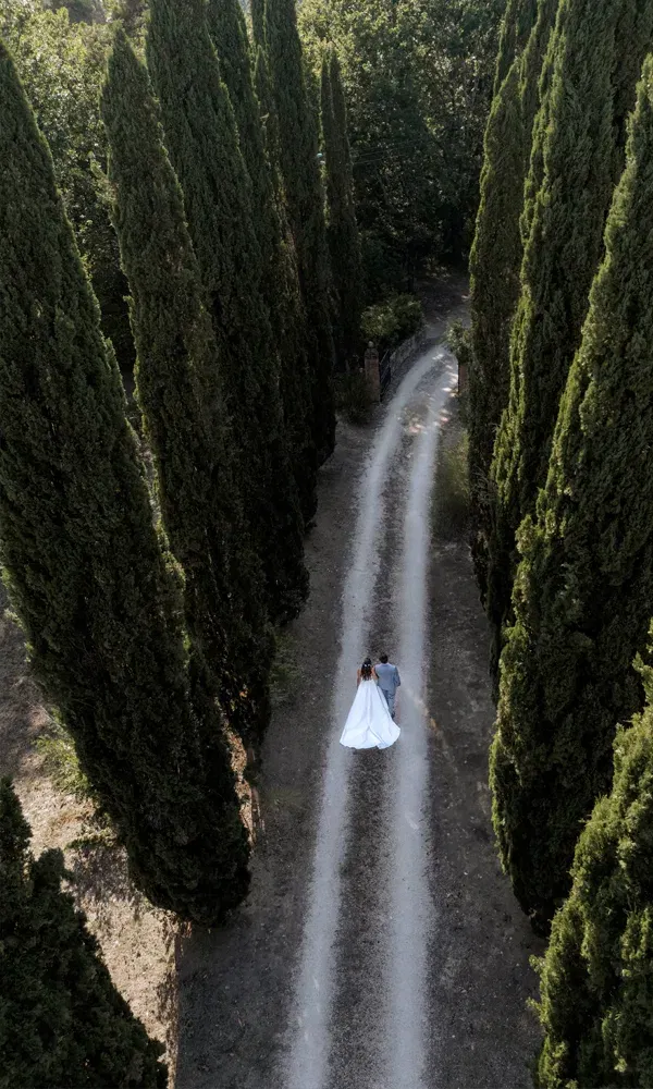 Weitwinkelansicht von oben: Braut und Bräutigam inmitten hoher Zypressen auf einem Schotterweg – ein stiller, symbolträchtiger Moment.