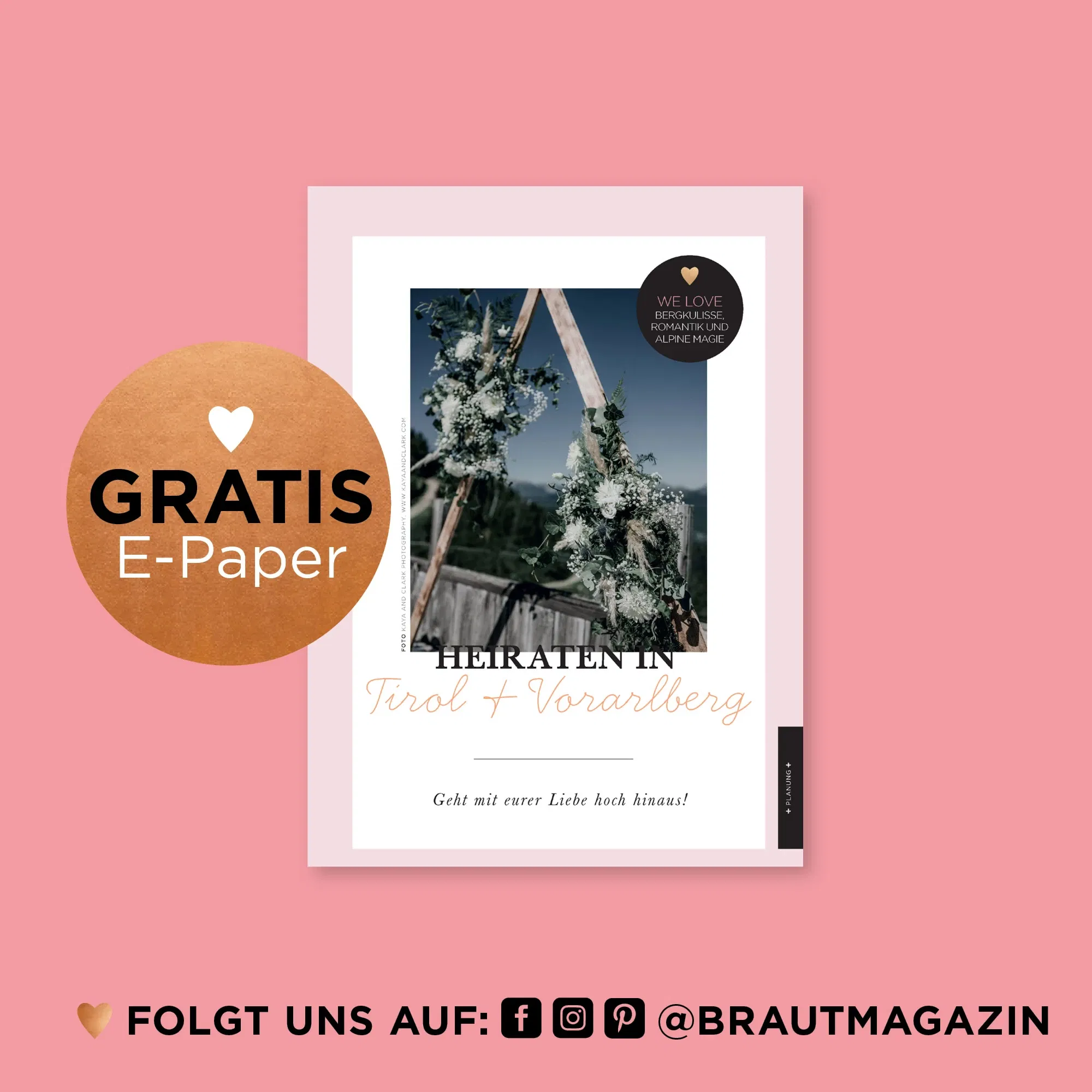 Cover des E-Papers Heiraten in Tirol & Vorarlberg mit einer alpinen Blumendeko vor Bergkulisse – Tipps für Hochzeiten in den Alpen.