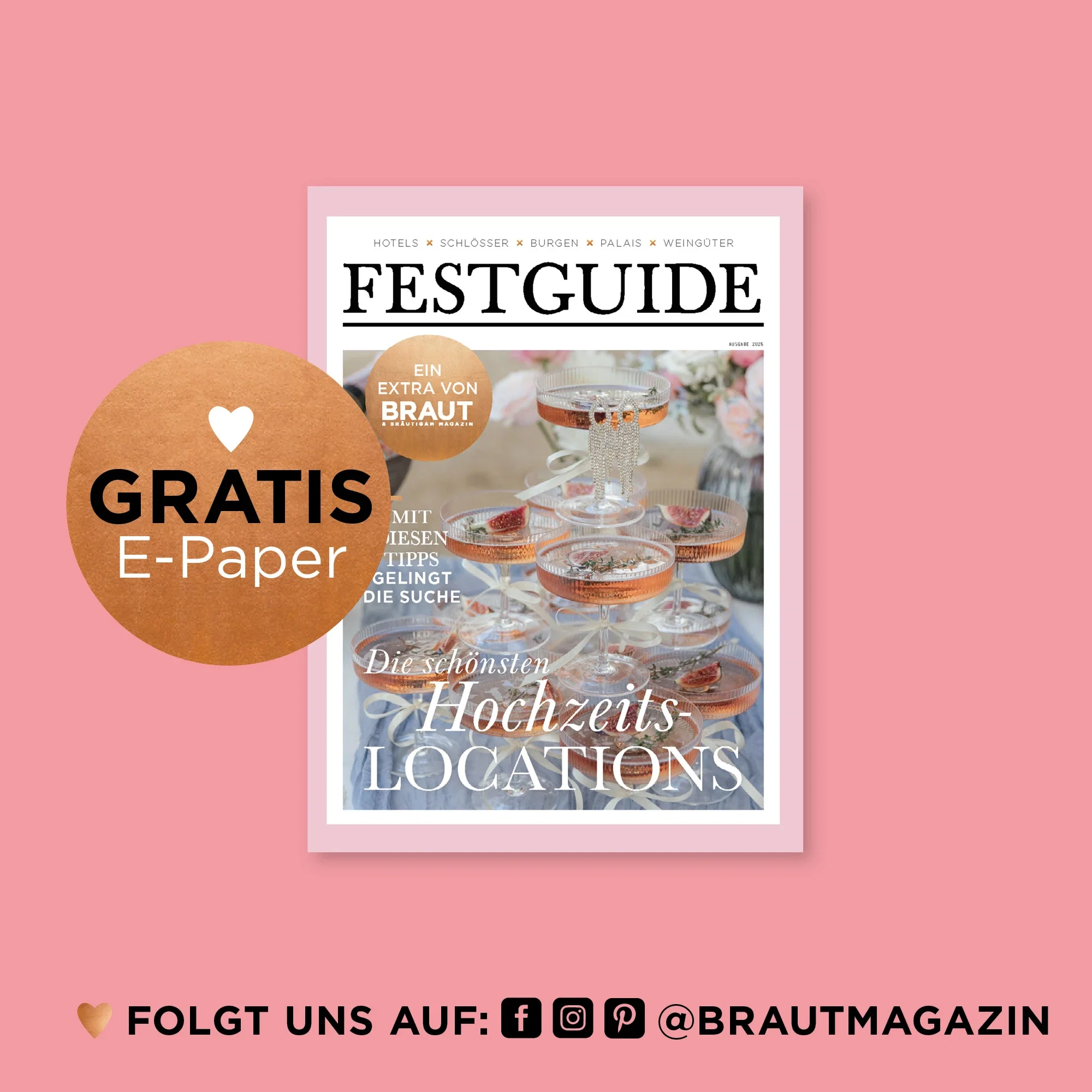 Cover des Festguide Magazins mit Champagnergläsern in eleganter Pyramide – Inspirationen zu den schönsten Hochzeitslocations in Österreich.