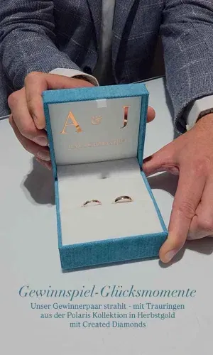 Trauring-Set mit Created Diamonds in blauer Box, präsentiert beim Gewinnspiel von Braut & Bräutigam Magazin