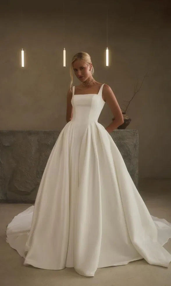 Brautmodell trägt ein elegantes Brautkleid im Ballkleid-Stil mit breiten Trägern, geradem Ausschnitt und voluminösem Rock, inszeniert in einem minimalistischen Studio mit warmem Licht und reduzierter Kulisse.