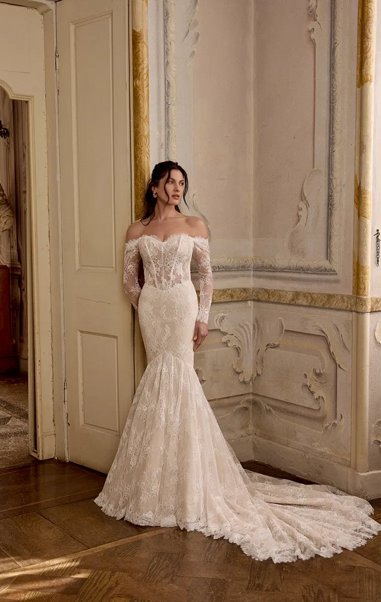 Romantisches Spitzen-Brautkleid im Meerjungfrau-Stil mit langen Ärmeln und eleganter Schleppe