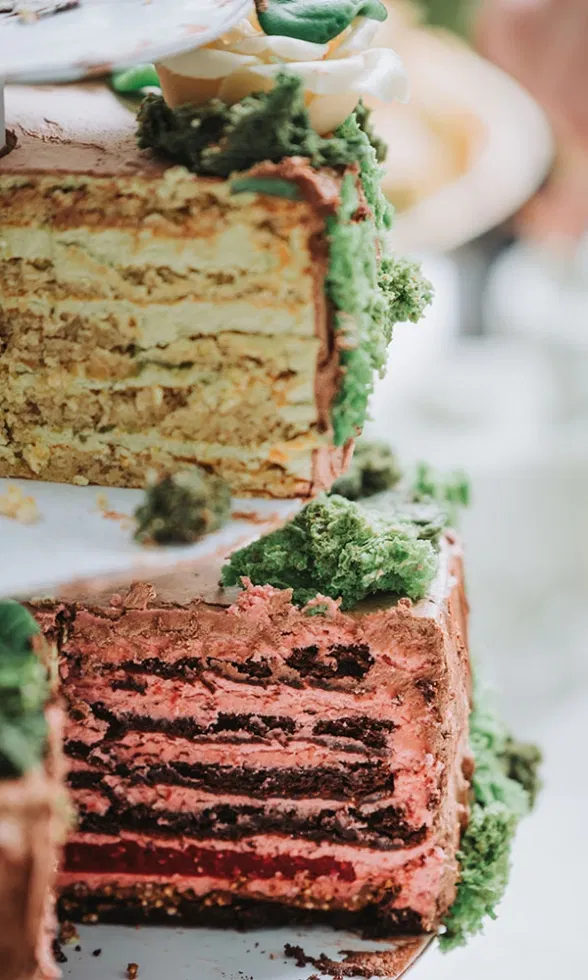 Nahaufnahme einer angeschnittenen Torte mit auffälligen, bunten Cremeschichten und grüner Verzierung.
