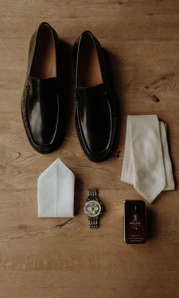 Hochzeitsdetails des Bräutigams: Schwarze Lederschuhe, Krawatte, Einstecktuch, Uhr und Parfum flach arrangiert auf Holzboden.