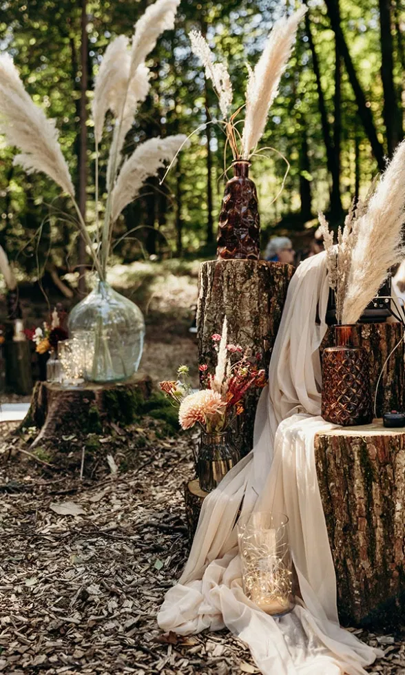 Boho-Hochzeitsdekoration im Wald mit Pampasgras, Glasvasen, Baumstümpfen und fließenden Stoffen in warmen Naturtönen.