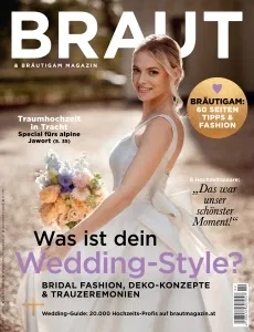 Die März-April Ausgabe des Braut & Bräutigam Magazin, zu sehen ist eine Braut mit einem pastellfarbenen Brautstrauß